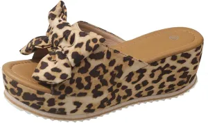 Women's Flatform Sandal Slip On Cute Bow Knot Open Toe Wedge Slide Sandals Ladies Summer Casual Cork Footbed Shoe