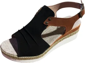Womens Leather Orthopedic Wedge Sandals Platform Open Toe Side Hollow Out Breathable Sandal Summer Comfortable Walking Ankle Strap Slip on Travel Back Strap Shoes