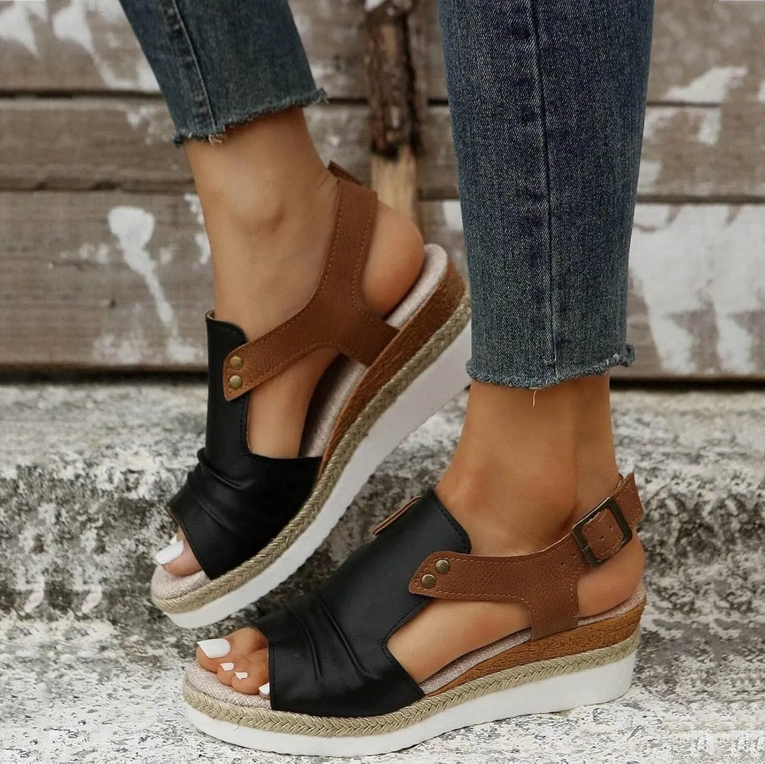 Womens Leather Orthopedic Wedge Sandals Platform Open Toe Side Hollow Out Breathable Sandal Summer Comfortable Walking Ankle Strap Slip on Travel Back Strap Shoes