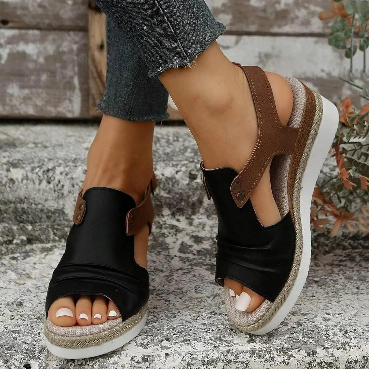 Womens Leather Orthopedic Wedge Sandals Platform Open Toe Side Hollow Out Breathable Sandal Summer Comfortable Walking Ankle Strap Slip on Travel Back Strap Shoes