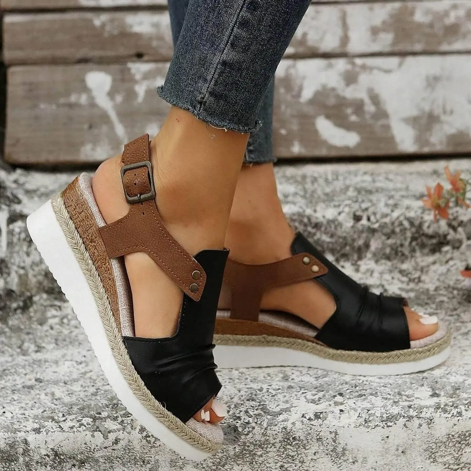 Womens Leather Orthopedic Wedge Sandals Platform Open Toe Side Hollow Out Breathable Sandal Summer Comfortable Walking Ankle Strap Slip on Travel Back Strap Shoes