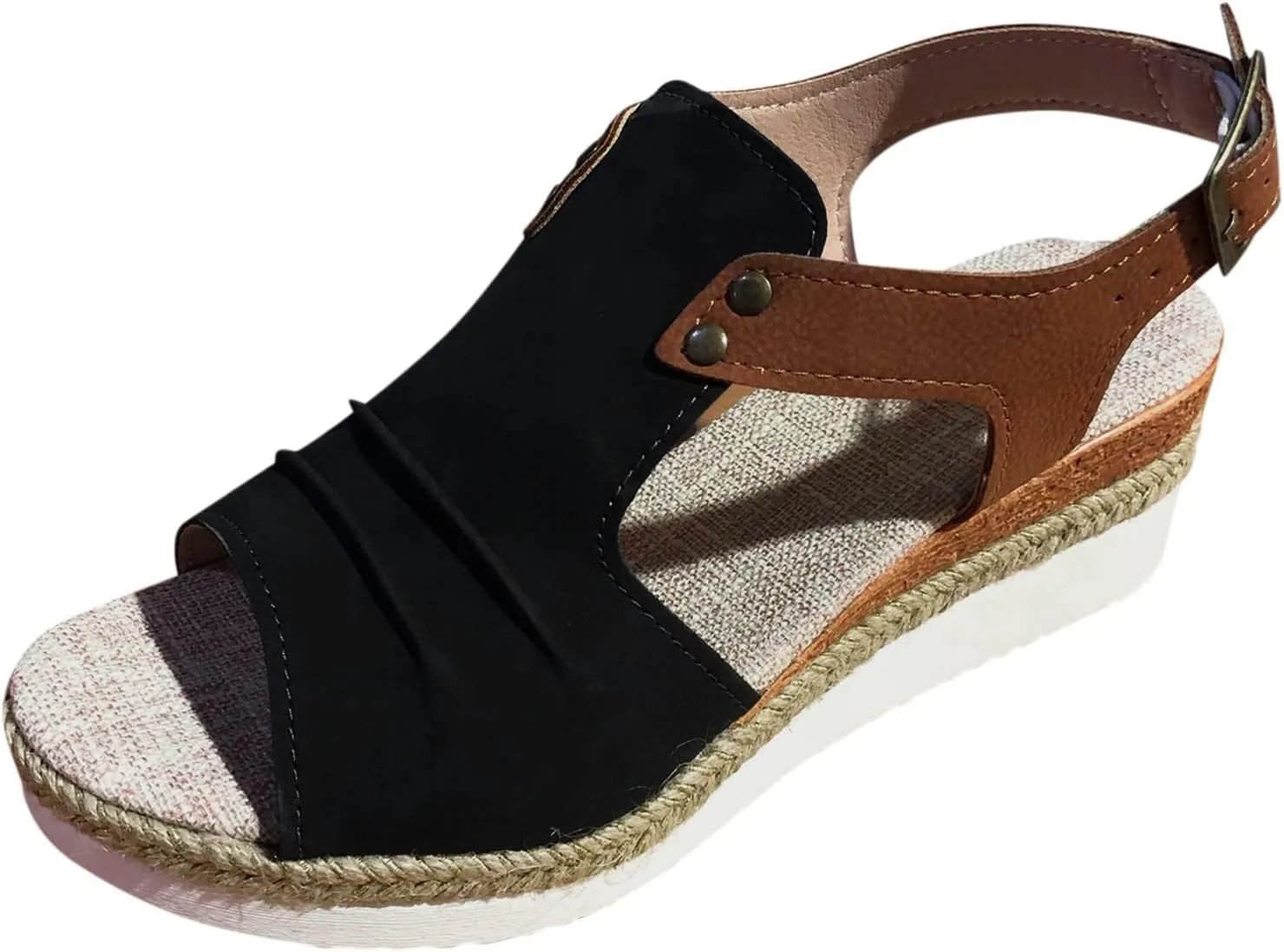 Womens Leather Orthopedic Wedge Sandals Platform Open Toe Side Hollow Out Breathable Sandal Summer Comfortable Walking Ankle Strap Slip on Travel Back Strap Shoes