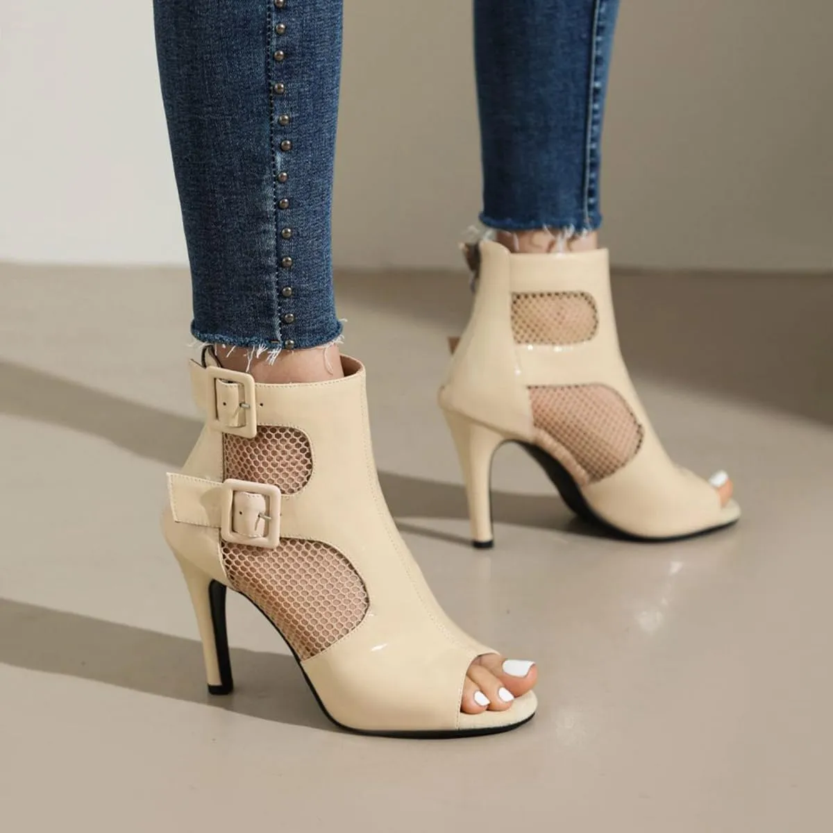 Women's Mesh Sandals Peep Toe High Top Sandals Lace Up Summer Open Toe Bootie