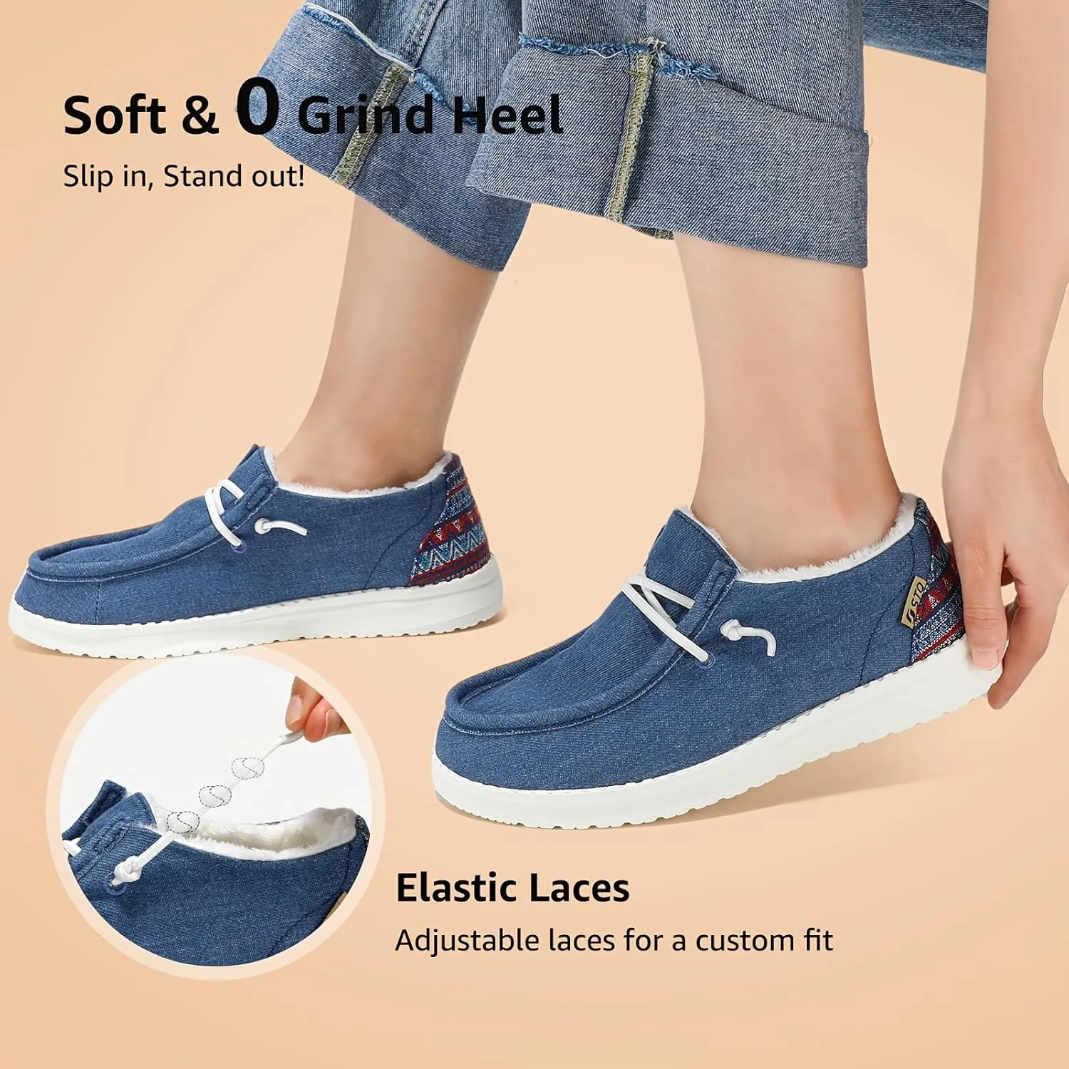 Women's Non-Slip Orthopedic Casual Shoes Fur Lining Canvas Sneakers with Arch Support Warm Boat Loafers Lightweight Casual Boat Shoes