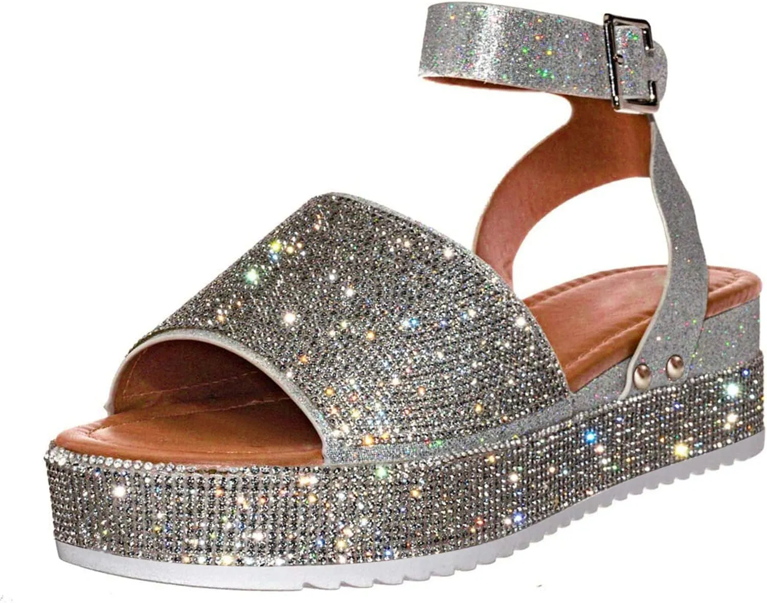 Womens Open Toe Buckle Ankle Strap Sandals Rhinestone Glitter Flatform Platform Wedges Sandals Dress Summer Casual Flat Shoes