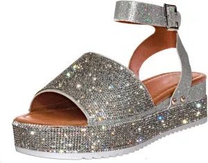 Womens Open Toe Buckle Ankle Strap Sandals Rhinestone Glitter Flatform Platform Wedges Sandals Dress Summer Casual Flat Shoes
