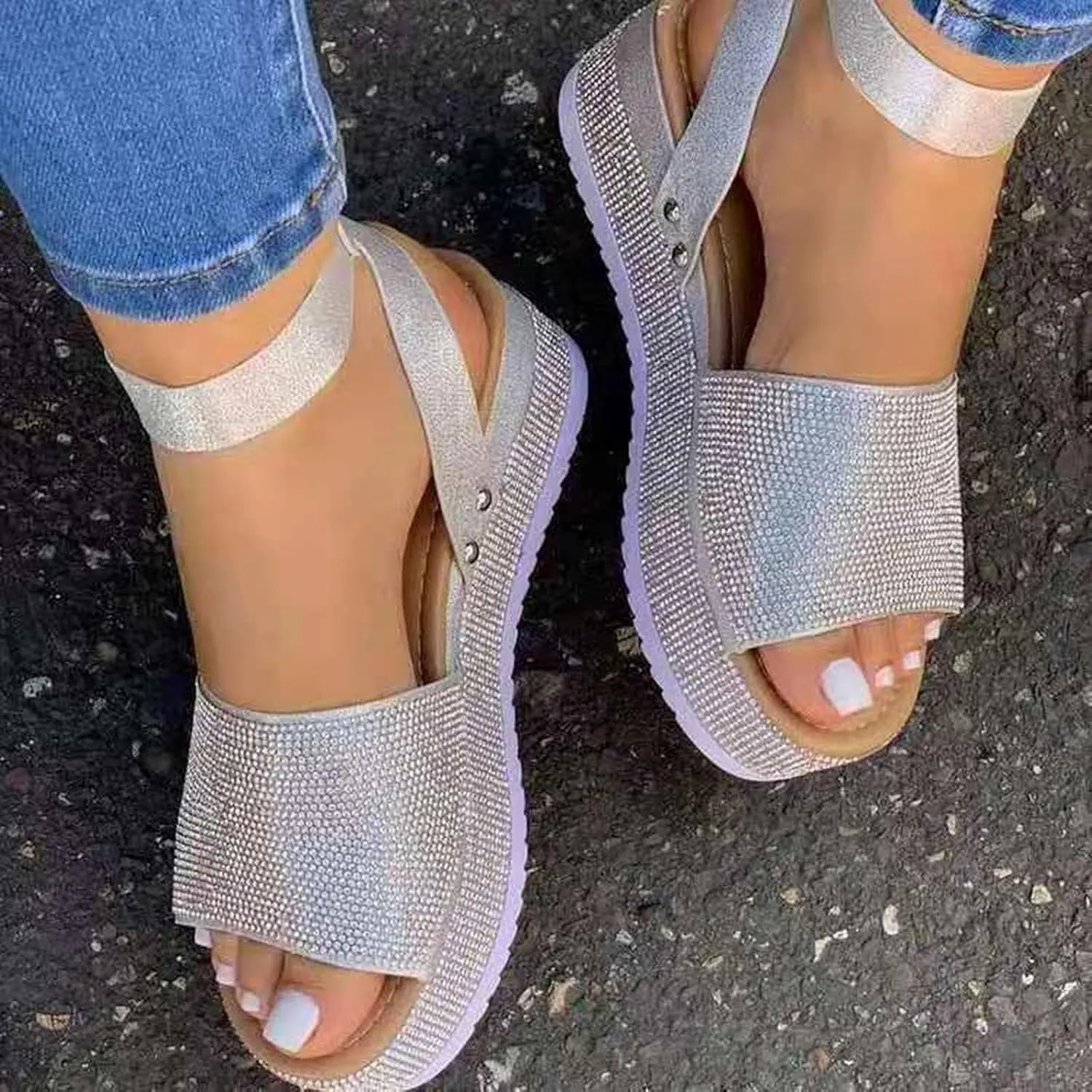Womens Open Toe Buckle Ankle Strap Sandals Rhinestone Glitter Flatform Platform Wedges Sandals Dress Summer Casual Flat Shoes