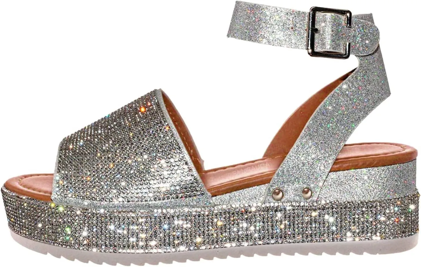 Womens Open Toe Buckle Ankle Strap Sandals Rhinestone Glitter Flatform Platform Wedges Sandals Dress Summer Casual Flat Shoes