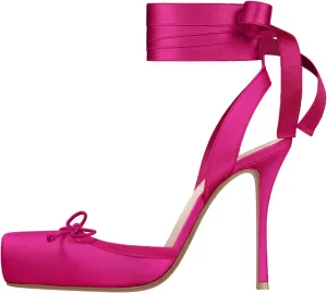 Women's Satin Ballet Slingback High Heels with Bows Closed Square Toe Lace-Up Stiletto Pumps Elegant Mary Jane Wedding Party Shoes