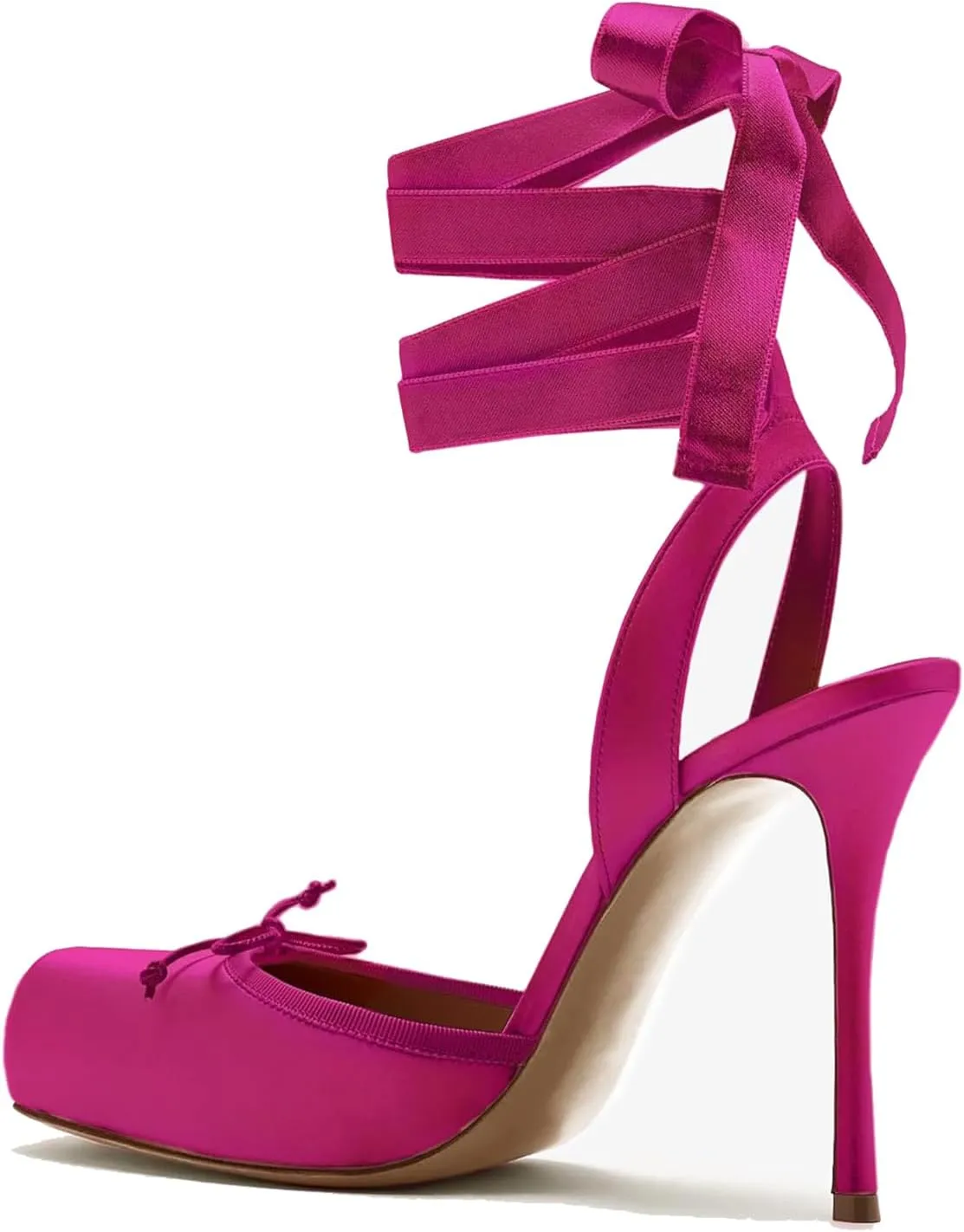 Women's Satin Ballet Slingback High Heels with Bows Closed Square Toe Lace-Up Stiletto Pumps Elegant Mary Jane Wedding Party Shoes