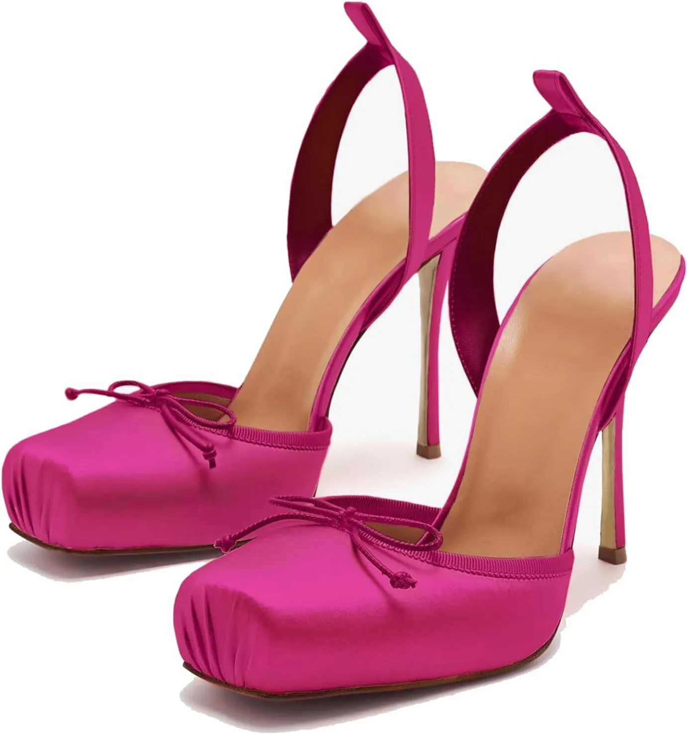 Women's Satin Ballet Slingback High Heels with Bows Closed Square Toe Lace-Up Stiletto Pumps Elegant Mary Jane Wedding Party Shoes