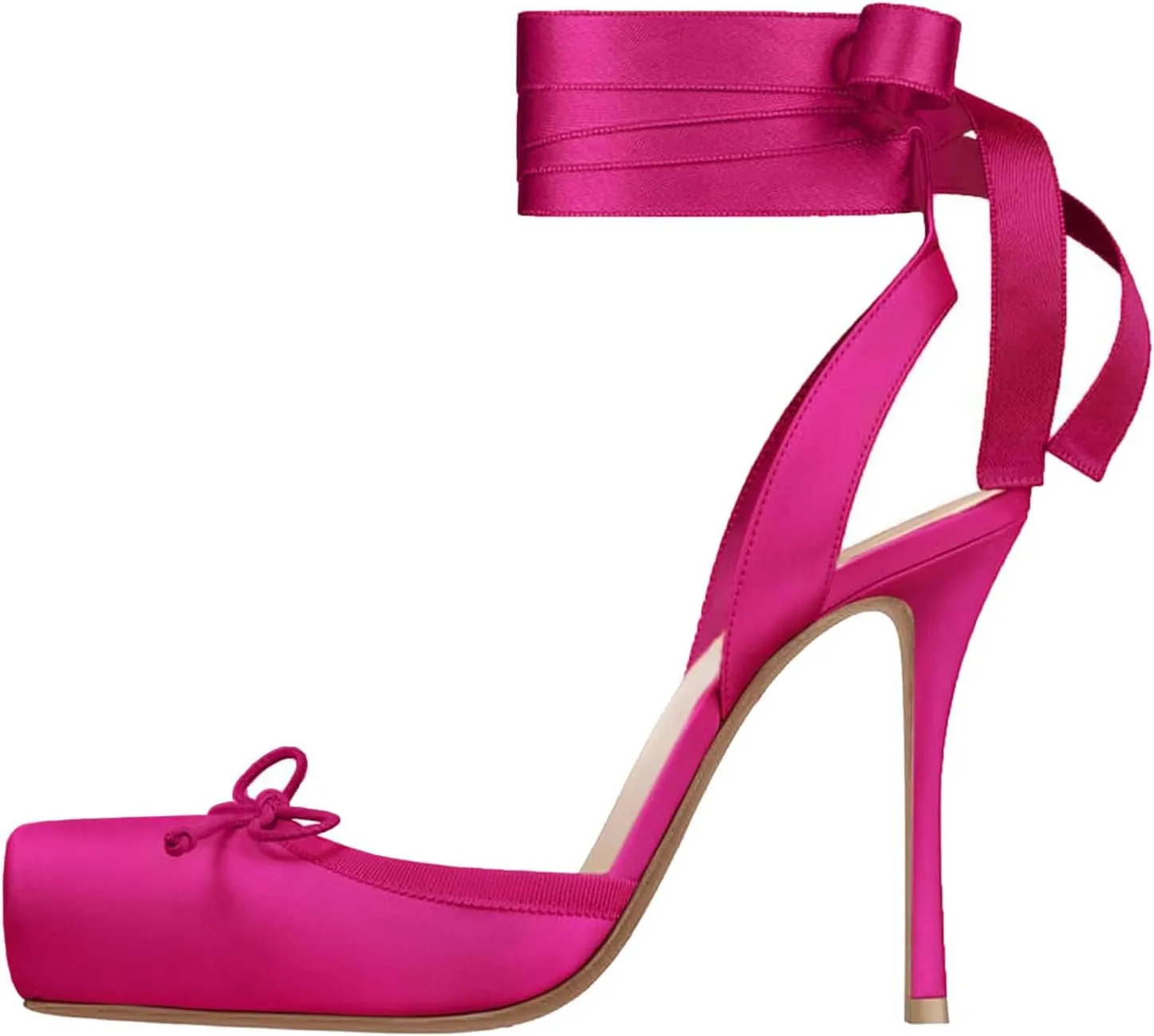 Women's Satin Ballet Slingback High Heels with Bows Closed Square Toe Lace-Up Stiletto Pumps Elegant Mary Jane Wedding Party Shoes
