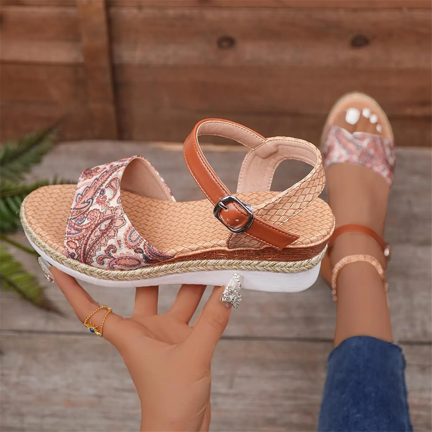 Women's Slingback Sandals Hand-Painted Leather Floral Wedge with Adjustable Comfort Straps Girls Flatform Little Big Kid Open Toe Summer Platform Flower Wedding Party Lightweight Strap Shoes