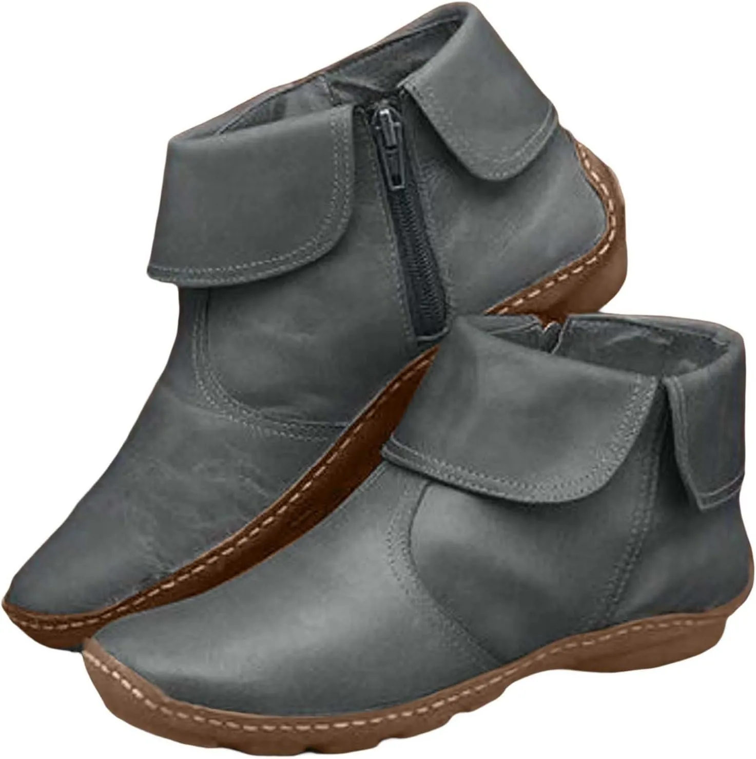 Womens Snow Boots Ankle Brown Leather Booties Boots for Women Brown Barefoot Boot Closed Back Lightweight Breathable Lug Sole Low Heel Chelsea Fashion