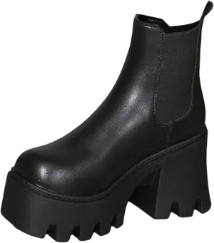 Women's Walking Boots Solid Leather Face Thick High Heel Thick Sole Short Boots Lug Sole Flat Heel Wide Width
