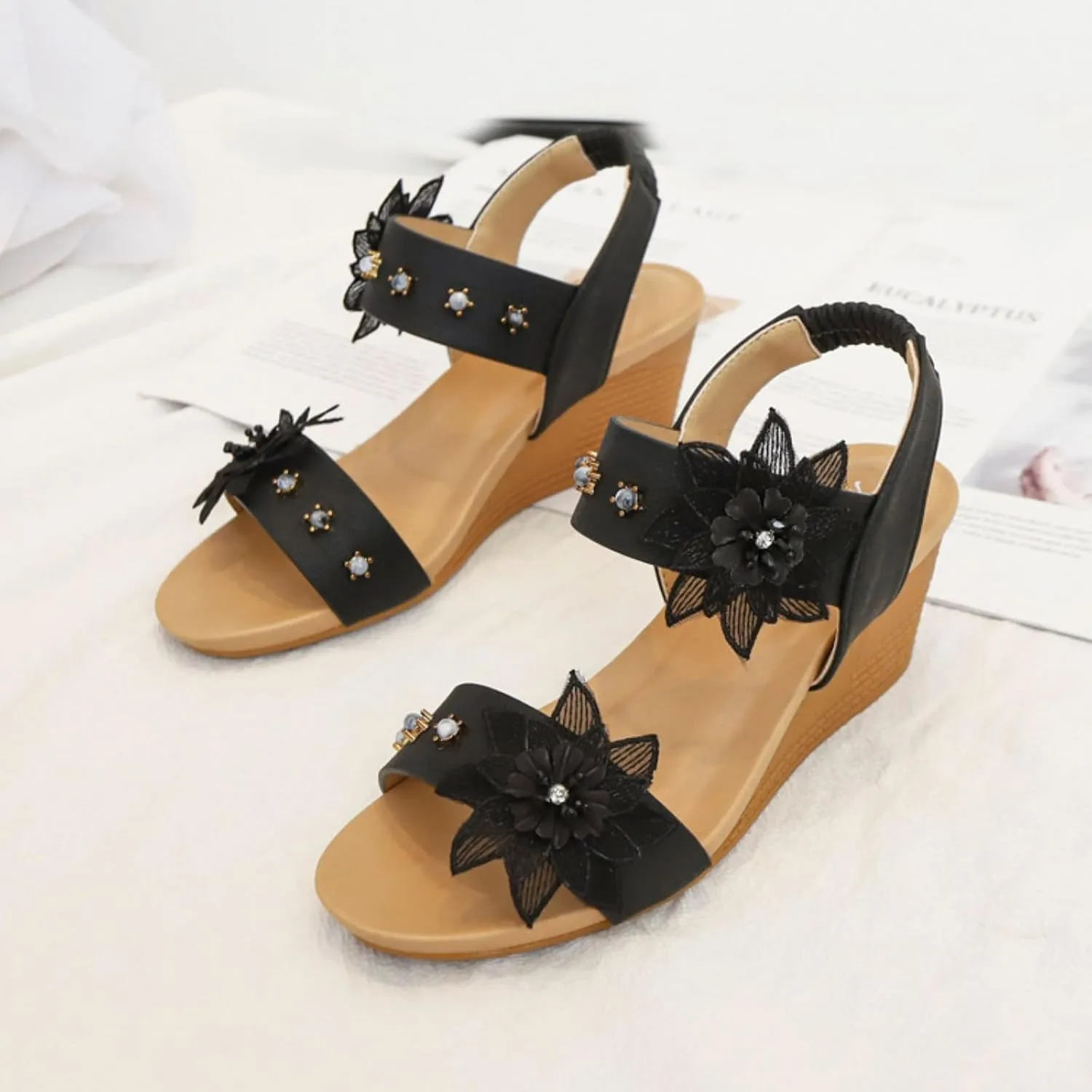 Womens Wedge Sandals Elastic Ankle Straps Open Toe Elegant Thick Soles Comfortable Platform Women Strap Casual Dressy Bohemian Flower Wedges Shoes Summer Low Heels