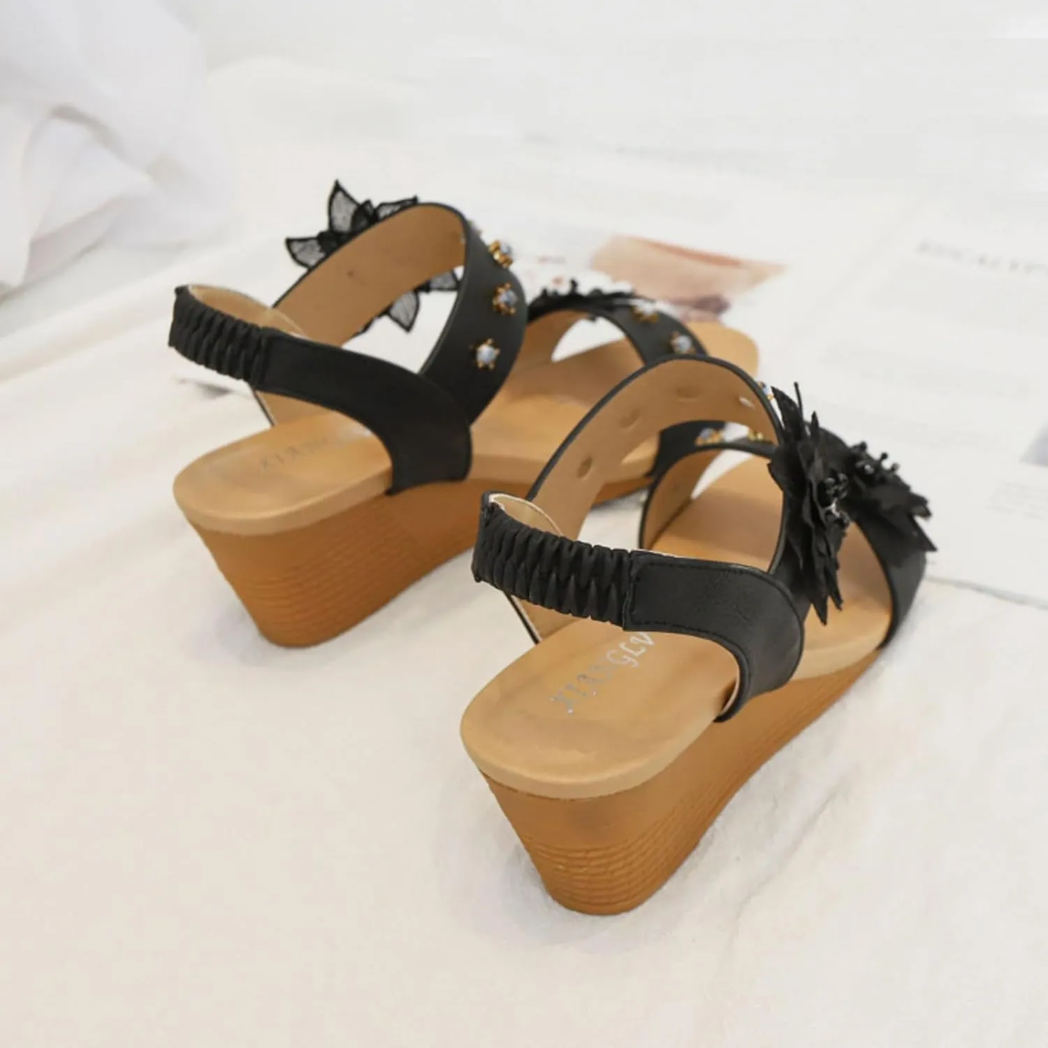 Womens Wedge Sandals Elastic Ankle Straps Open Toe Elegant Thick Soles Comfortable Platform Women Strap Casual Dressy Bohemian Flower Wedges Shoes Summer Low Heels