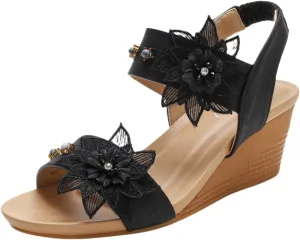 Womens Wedge Sandals Elastic Ankle Straps Open Toe Elegant Thick Soles Comfortable Platform Women Strap Casual Dressy Bohemian Flower Wedges Shoes Summer Low Heels