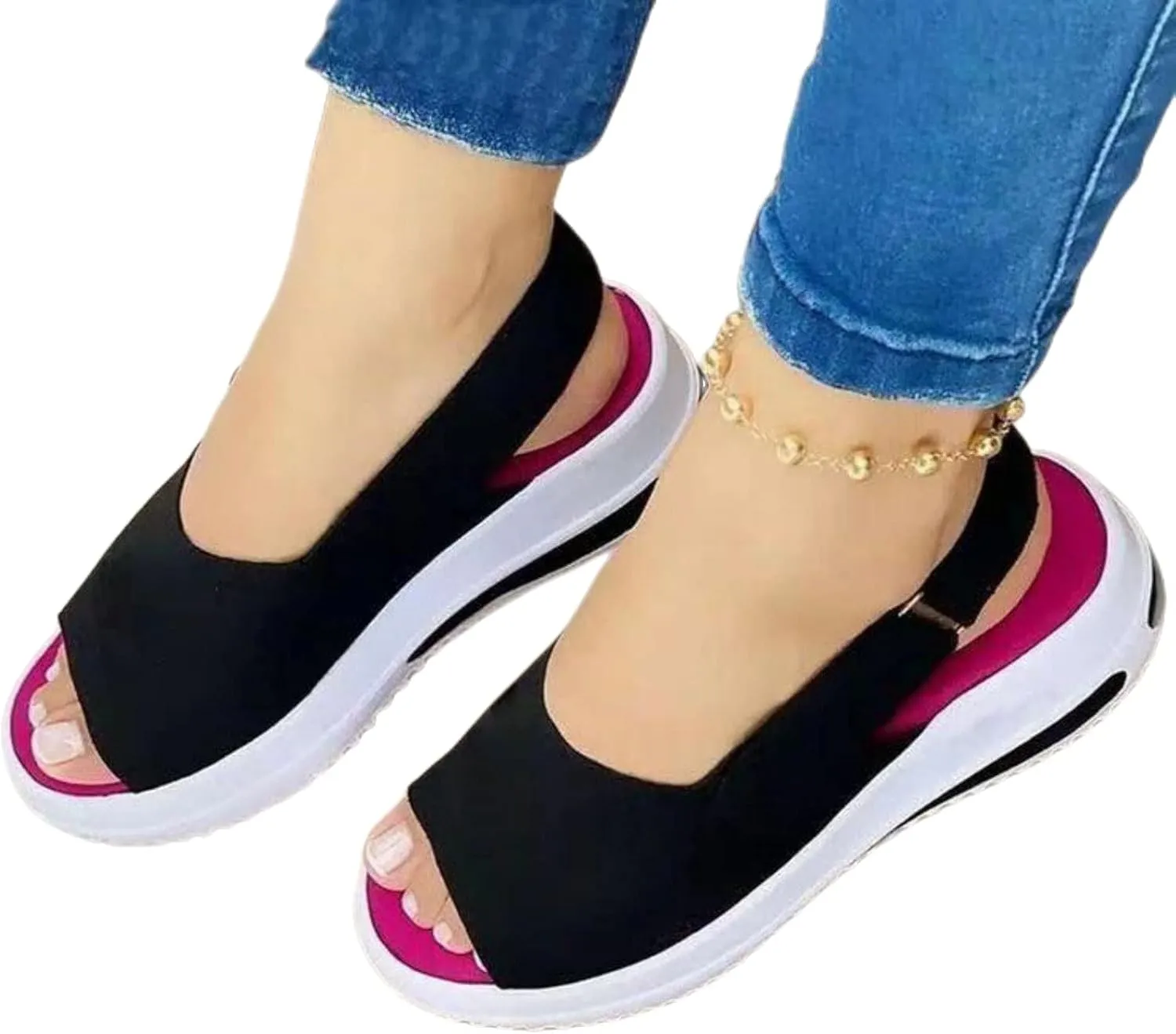 Womens Wedge Sandals Open Toe Fashion Summer Sandals Thick Heels Breathable Non Slip Shoes Casual Ankle Strap Sandal Outdoor Walking Wedges Comfy Platform Shoes Comfort Wear Lightweight Beach Shoe