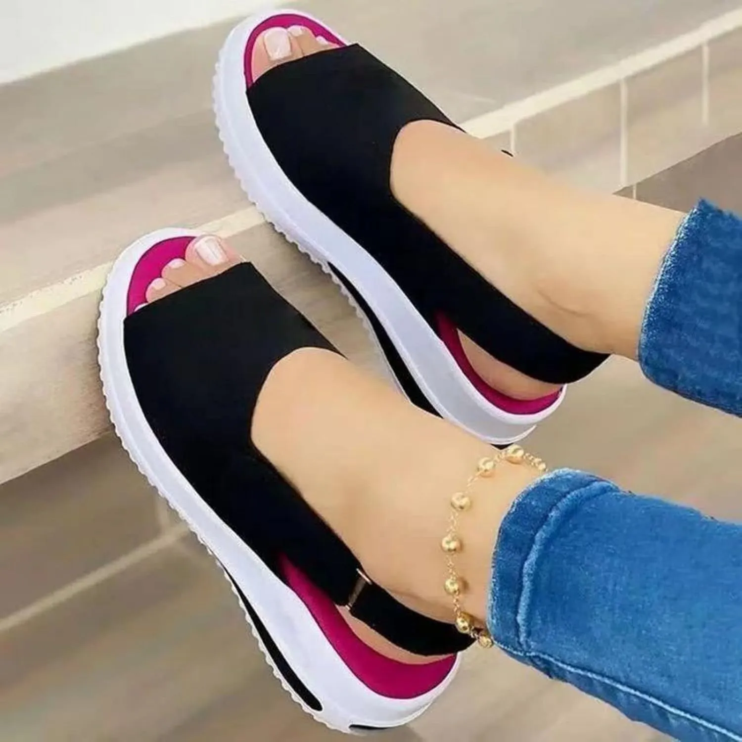 Womens Wedge Sandals Open Toe Fashion Summer Sandals Thick Heels Breathable Non Slip Shoes Casual Ankle Strap Sandal Outdoor Walking Wedges Comfy Platform Shoes Comfort Wear Lightweight Beach Shoe