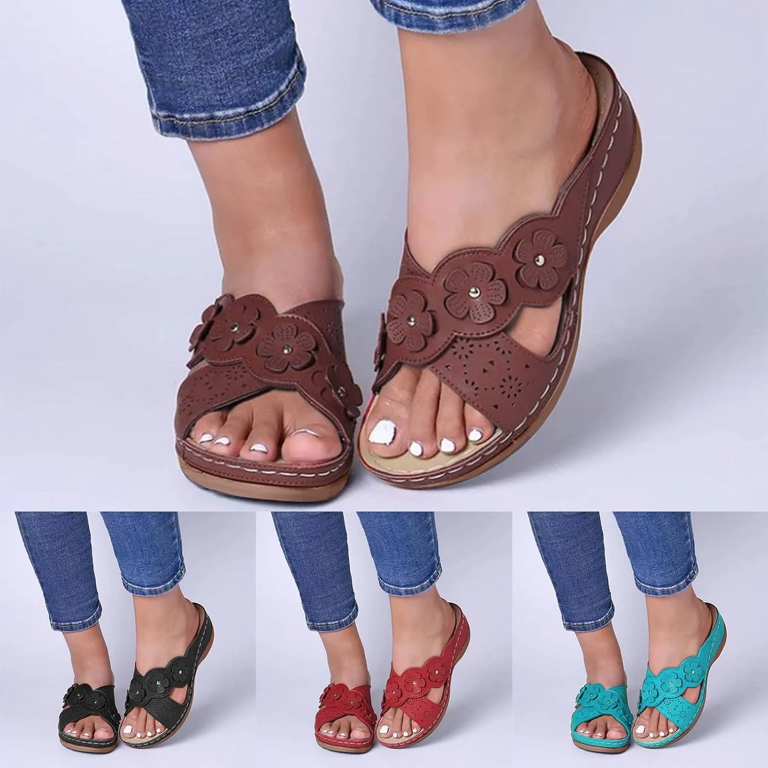 ZSpzx Orthopedic Sandals for Women Dressy Summer 2025 Comfortable Hollow Flower Slippers Womens Arch Support Casual Boho Walking Indoor Outdoor Shoes Sandalias OrtopDicas Para Mujer