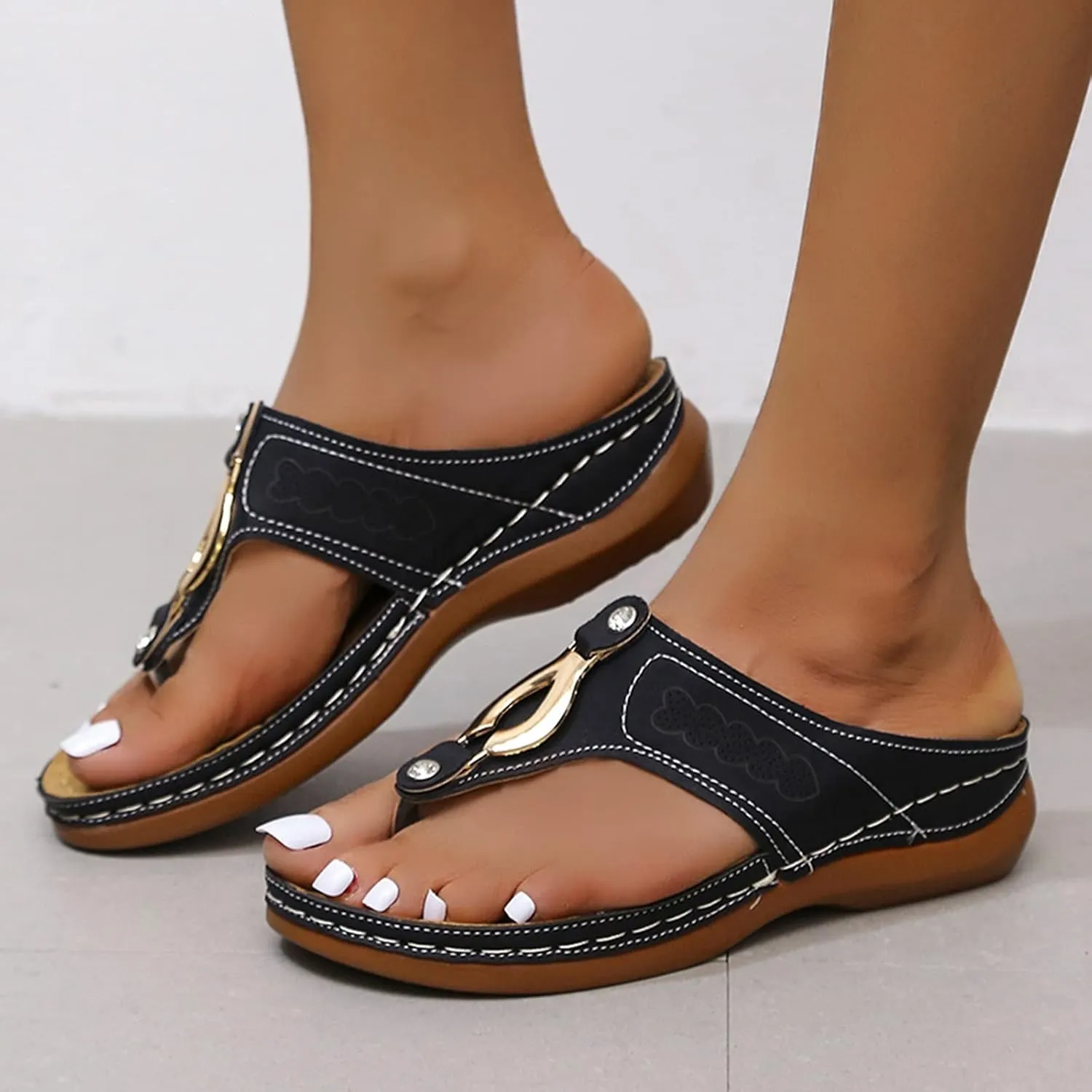 ZSpzx Orthopedic Sandals for Women,2025 Arch Support Wedge Flip Flops Slide Dressy Summer Walking Metal Plantar Fasciitis Comfortable Casual Cushion Beach Shoes Travel