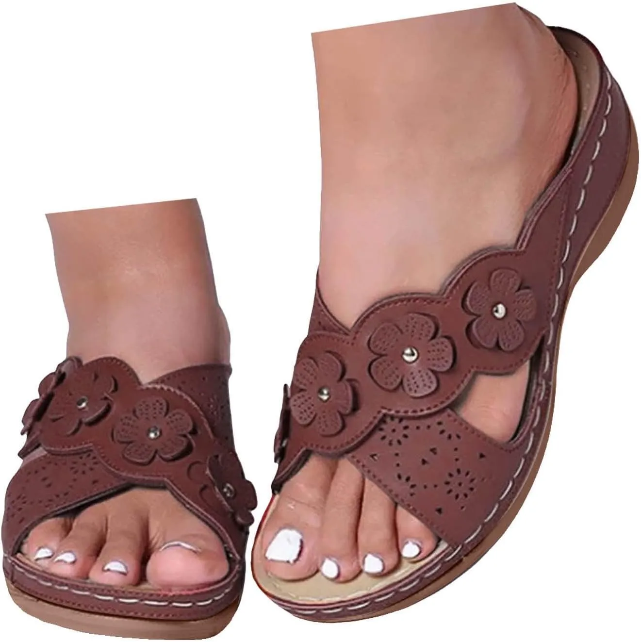 ZSpzx Orthopedic Sandals for Women,Women's Hollow Flower Slippers Dressy Summer 2025 Womens Summer Comfortable Sandals Arch Support Casual Wedge Sandals Boho Walking Shoes Flip Flops