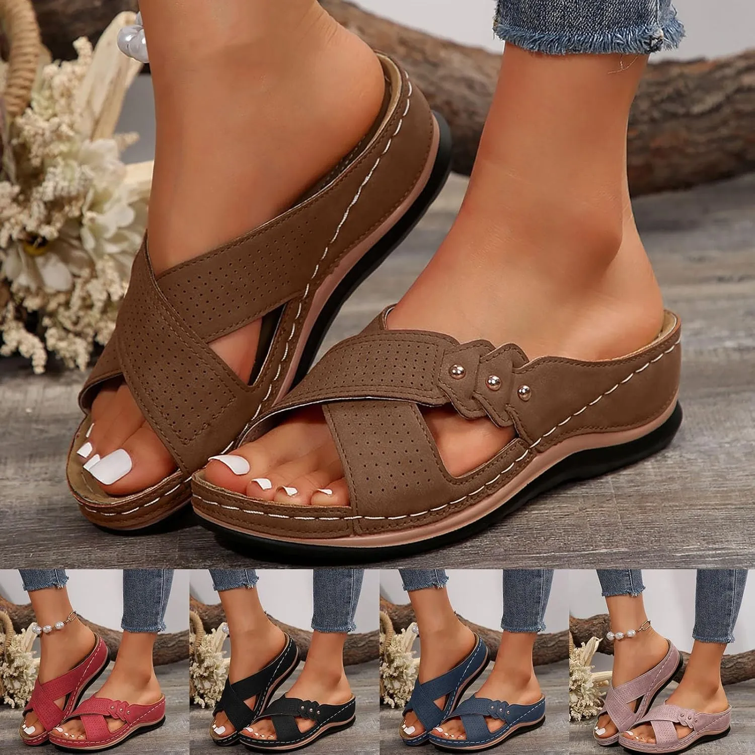 ZSpzx Wedge Sandals For Women 2025 Orthopedic Flip Flops Comfortable Cushion Dressy Summer Women's Slide Casual Bunion Womens Foot Plantar Fasciitis Beach Walking Shoes for Daily Wear