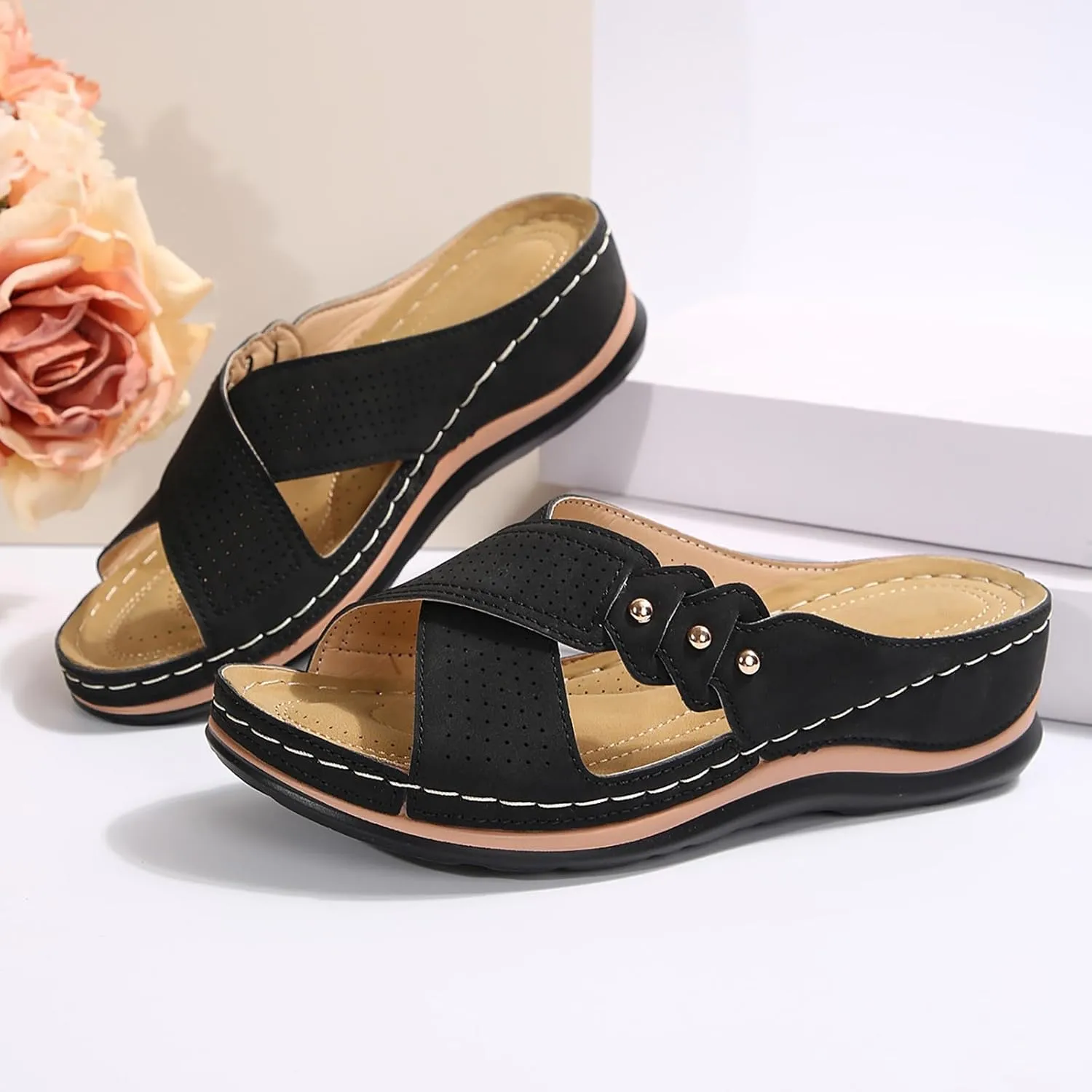 ZSpzx Wedge Sandals For Women 2025 Orthopedic Flip Flops Comfortable Cushion Dressy Summer Women's Slide Casual Bunion Womens Foot Plantar Fasciitis Beach Walking Shoes for Daily Wear