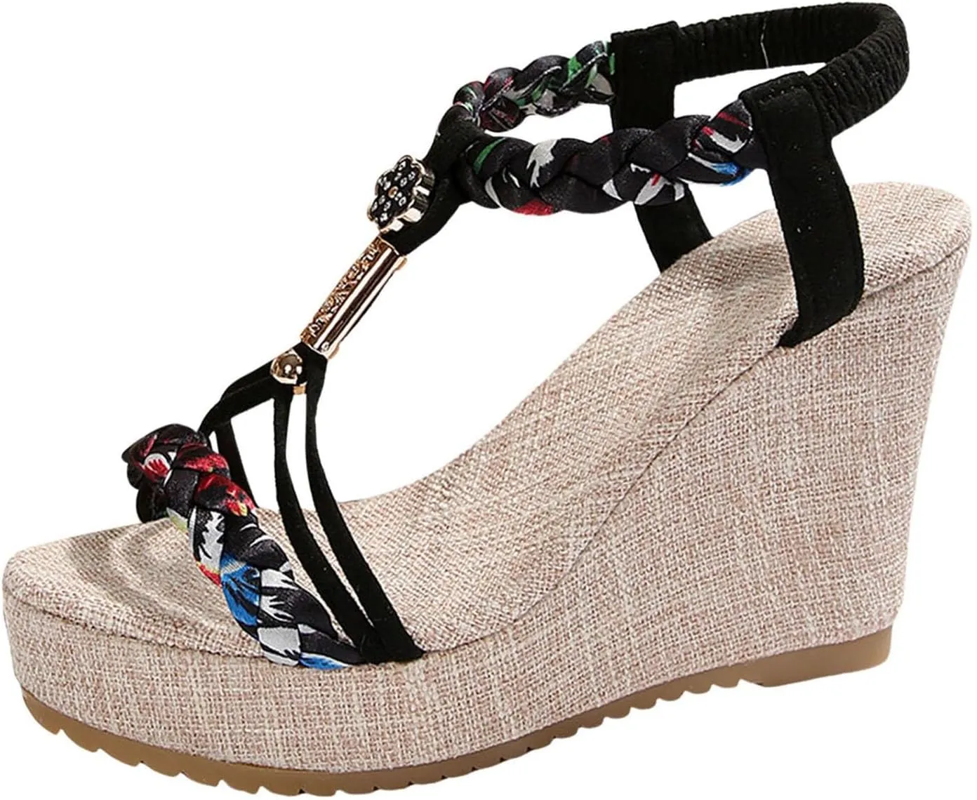 ZSpzx Women's Platform Wedge Sandals For Women Arch Support Rhinestone Orthopedic T-Strap Slip On Dressy Summer Comfortable Elastic Strap Beach Casual Indoor Outdoor Walking Shoes for Party Vacation