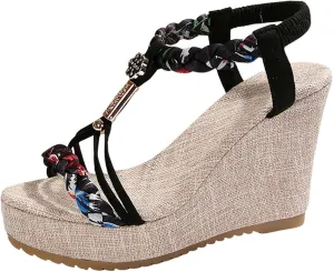 ZSpzx Women's Platform Wedge Sandals For Women Arch Support Rhinestone Orthopedic T-Strap Slip On Dressy Summer Comfortable Elastic Strap Beach Casual Indoor Outdoor Walking Shoes for Party Vacation